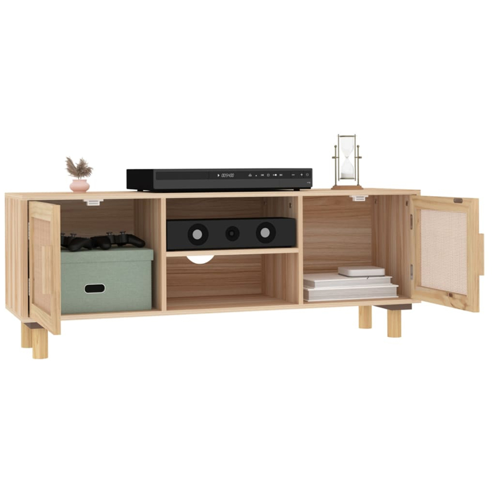 vidaXL 2 Door 2 Shelf Brown Solid Pine Wood and Natural Rattan TV Cabinet Image 3