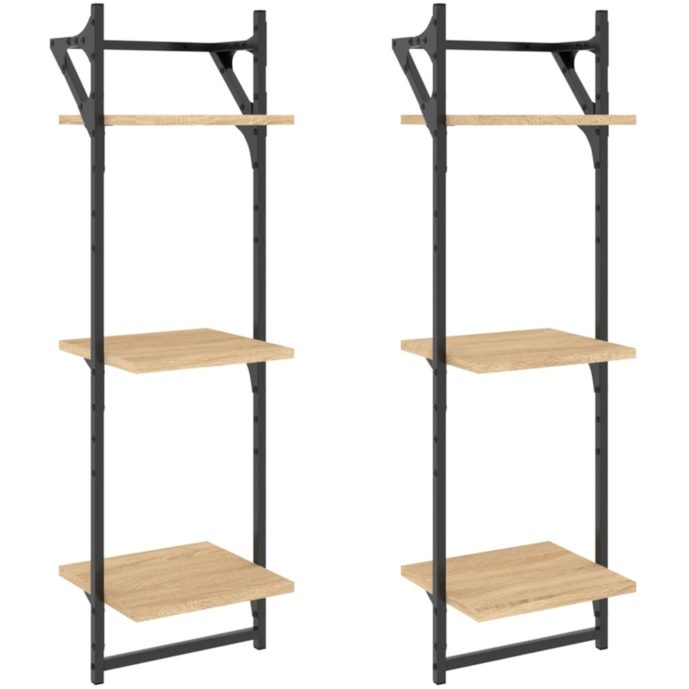 vidaXL 3 Shelf Sonoma Oak Wooden Floating Wall Shelf with Rods Image 2