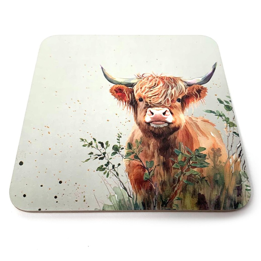 Set of 6 Highland Cow Coasters - Natural Image 1