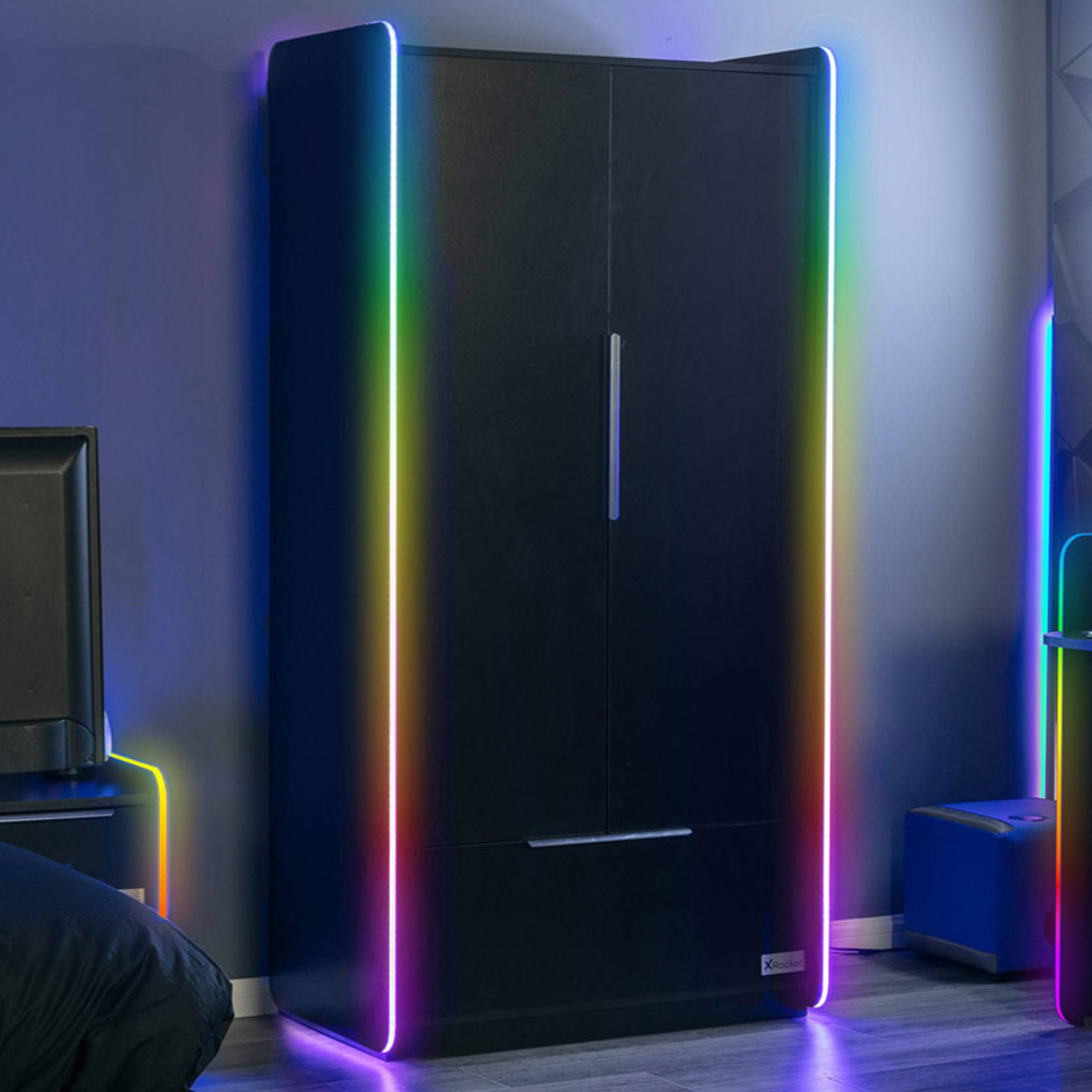 X Rocker Electra 2 Door Single Drawer Black LED Wardrobe Image 1