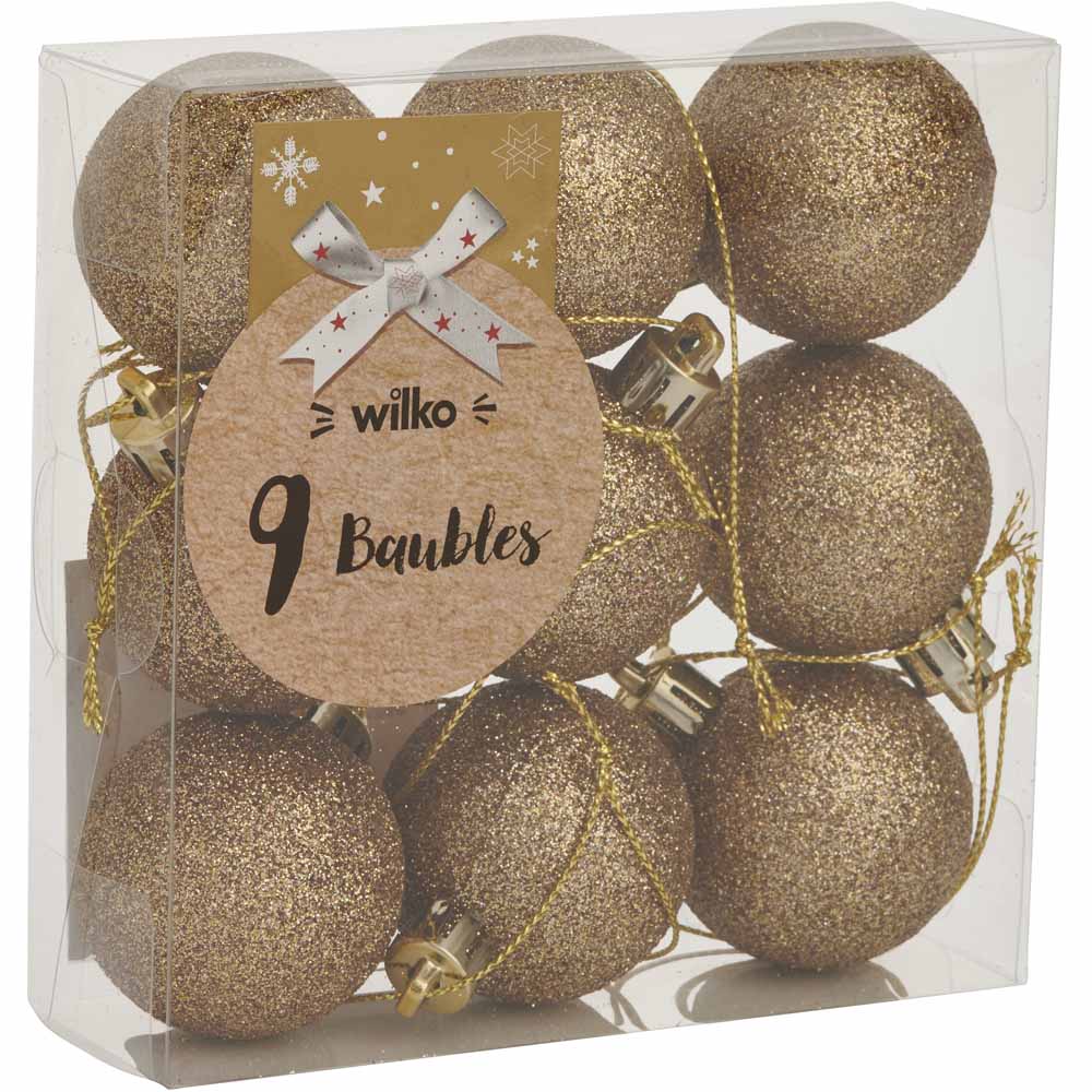 Wilko Rococo Glitter Gold Christmas Baubles 9 Pack Image 1