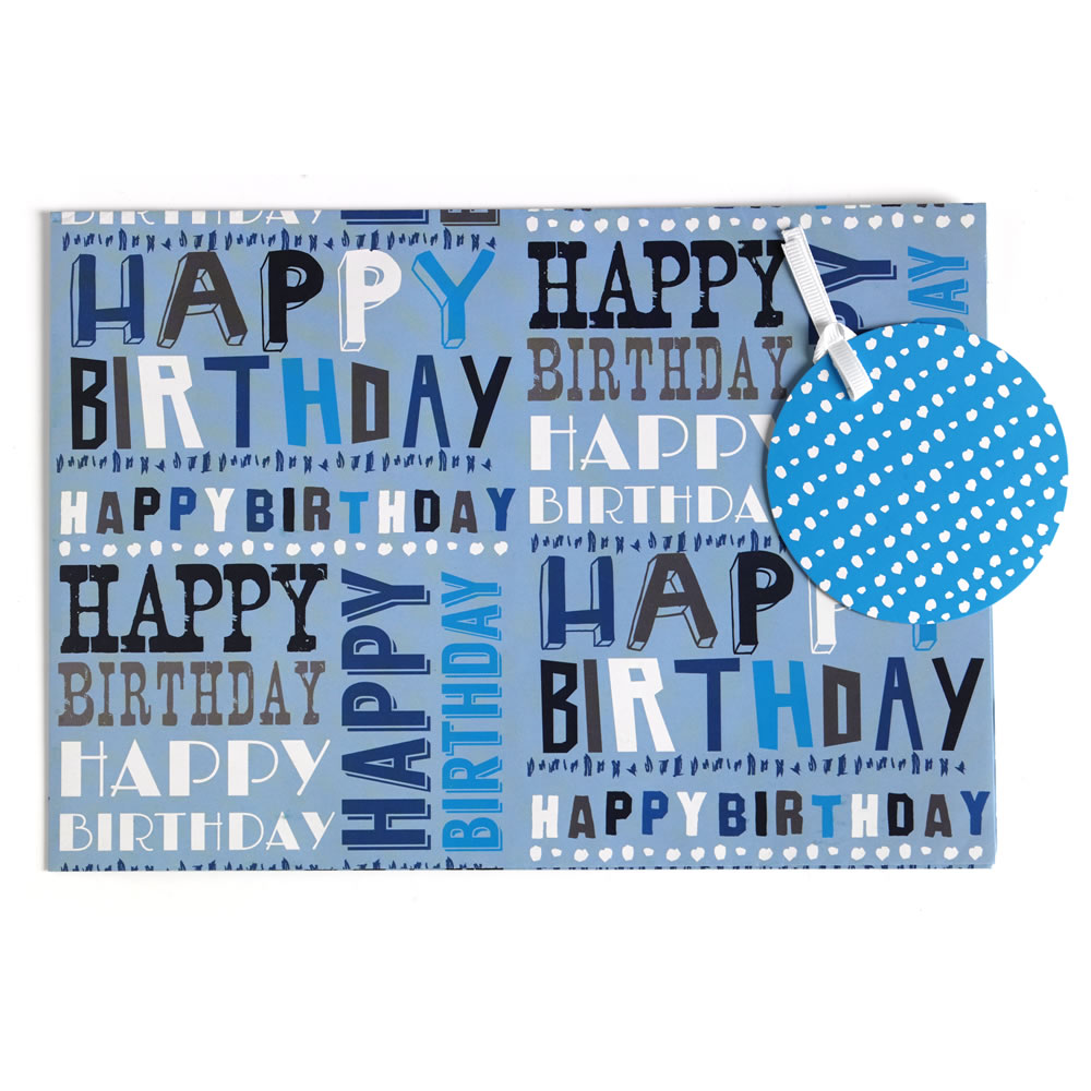 Wilko Blue Happy Birthday Gift Wrap 2 Sheets and 2 Tags Image