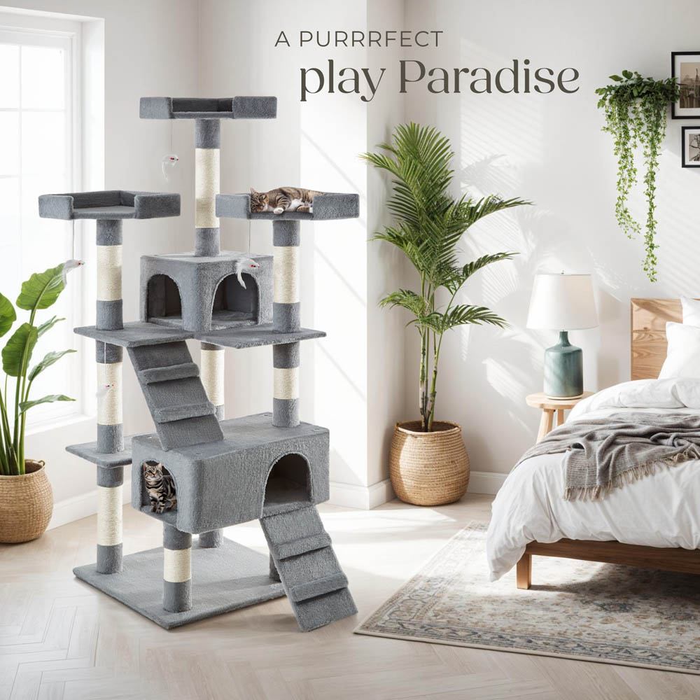 tectake Barney Grey Cat Tree with Scratching Posts 170cm Image 8