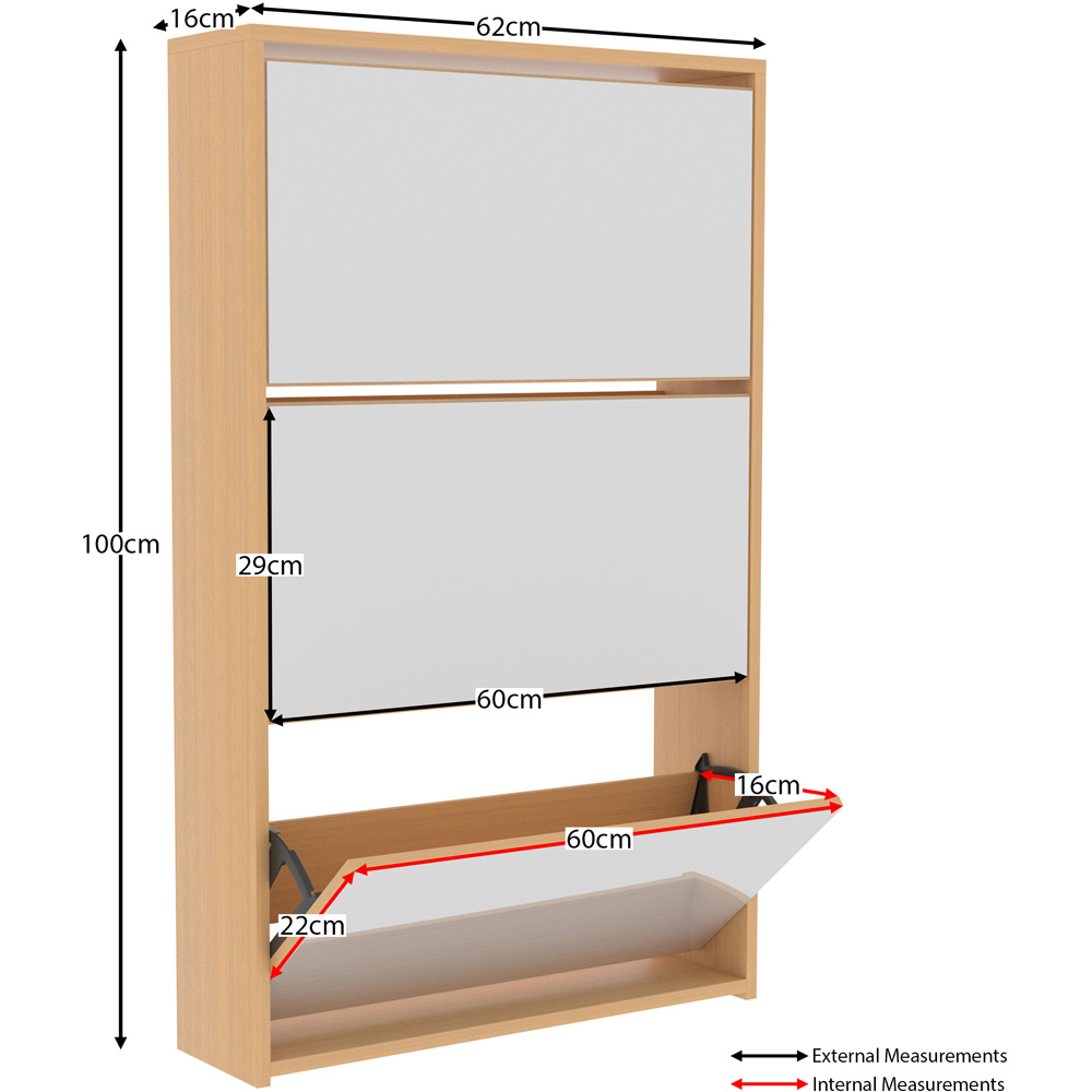 Home Vida Welham Oak 3-Drawer Mirrored Shoe Cabinet Rack Image 9
