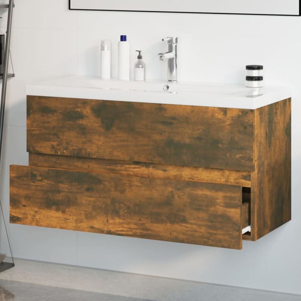 vidaXL 2 Drawer Smoked Oak Washbasin Cabinet with Built-In Sink Image 1