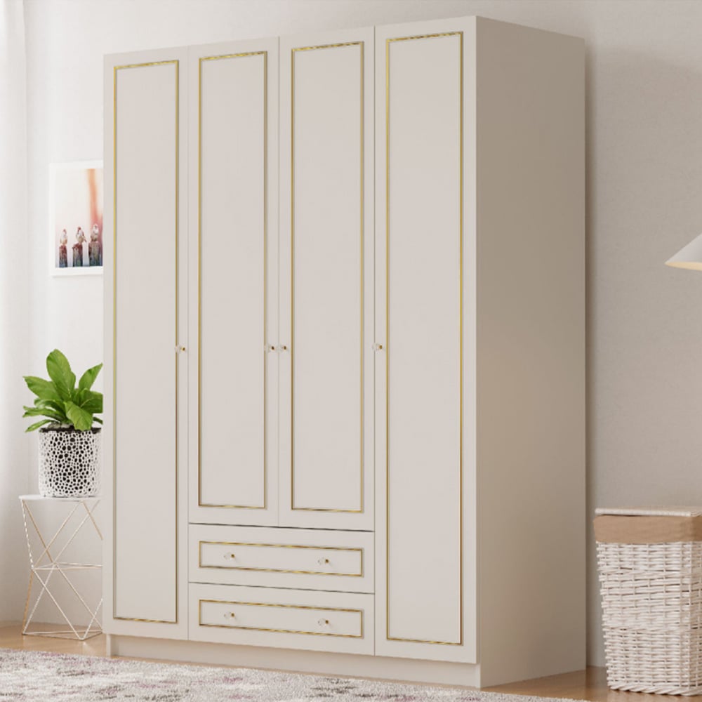 Evu MARIE 4 Door 2 Drawer Gold and White Wardrobe Image 1