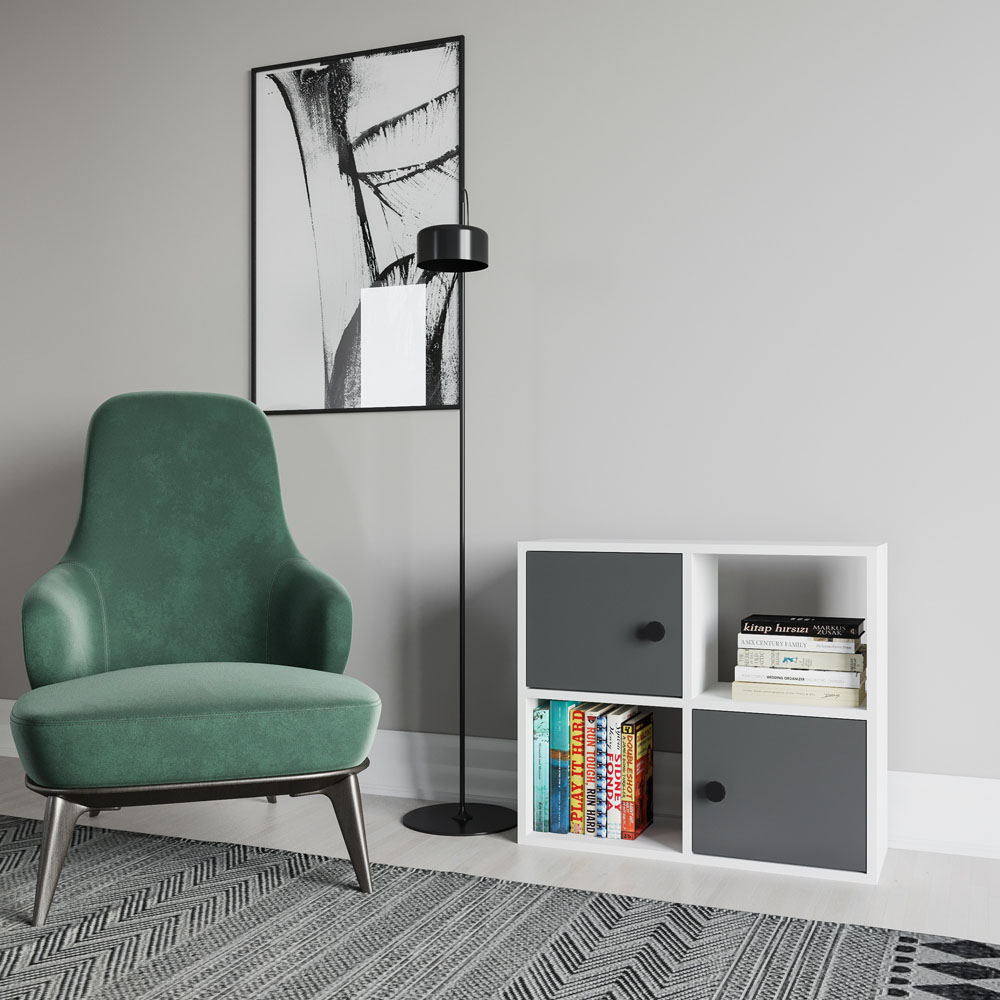 Decorotika Tuttle 2 Door 2 Open Shelf White and Anthracite Bookcase Image 4