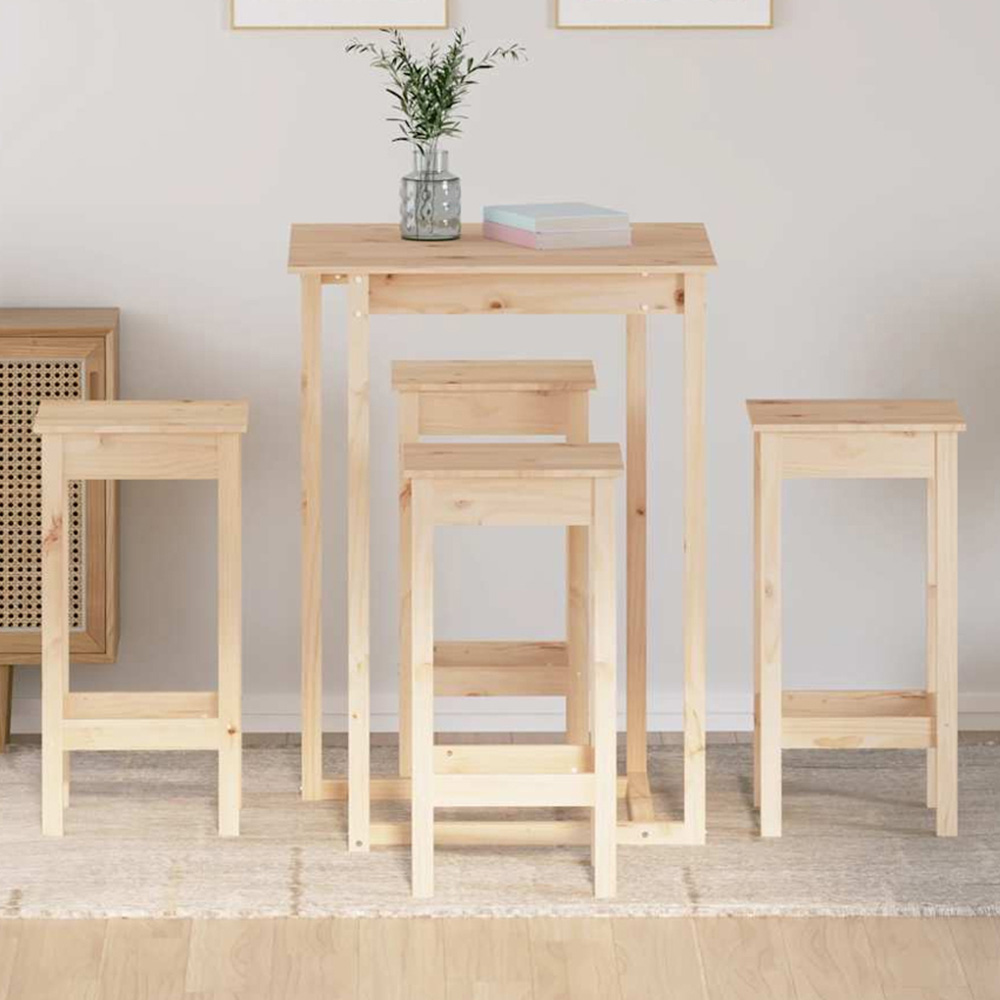 vidaXL 4 Seater Natural Solid Pine Wood Bar Table Set Image 1