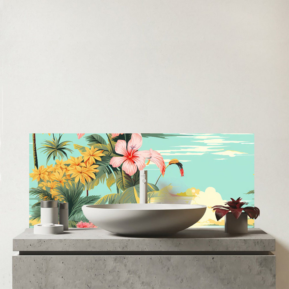 Warren Reed Designer Palm Trees and Hibiscus Glass Bathroom Splashback 25 x 60cm Image 1