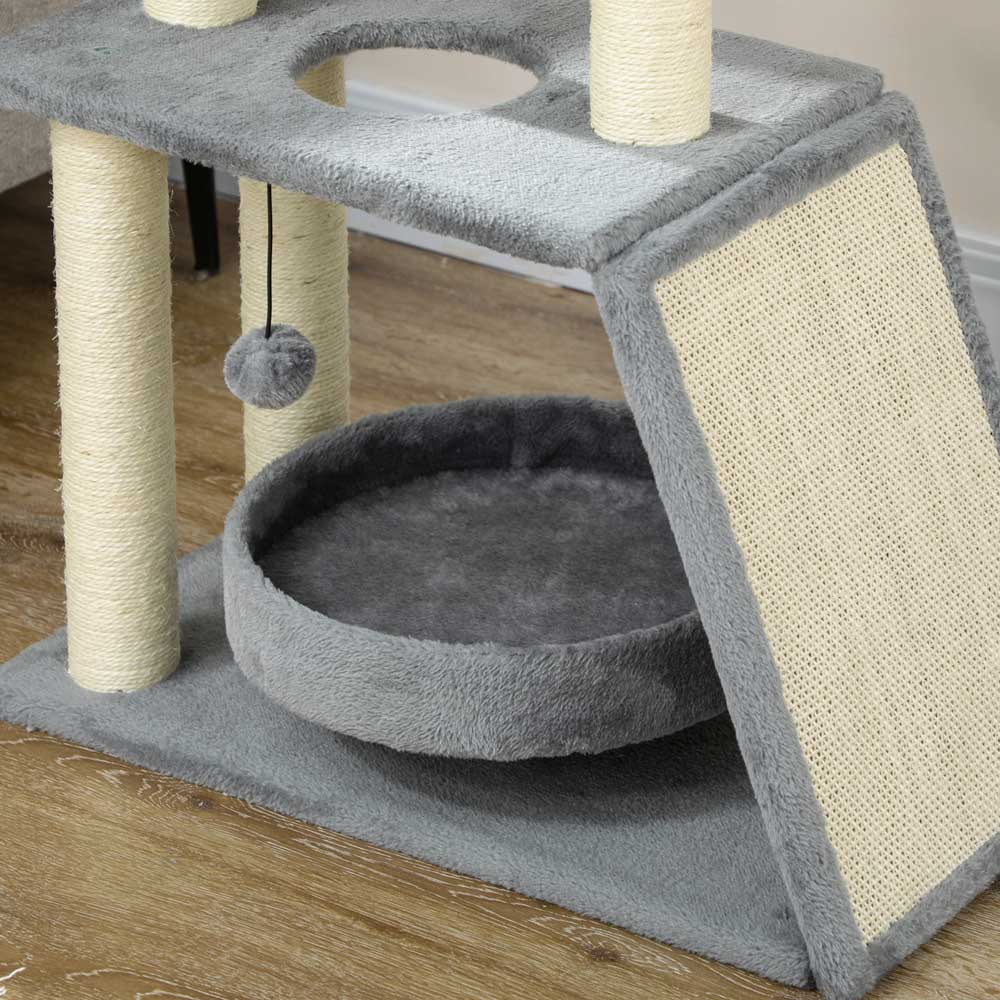 PawHut Grey Cat Tree Kitten Tower with Scratching Post Image 7