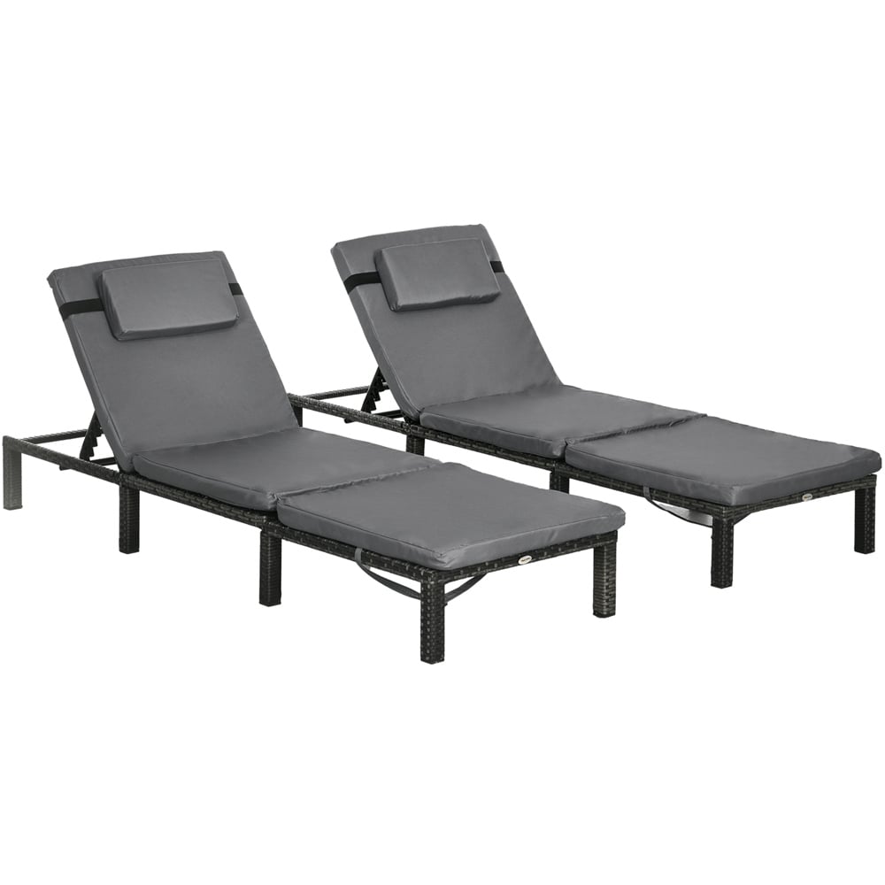 Outsunny Set of 2 Dark Grey Padded Cushion Rattan Sun Lounger Image 2