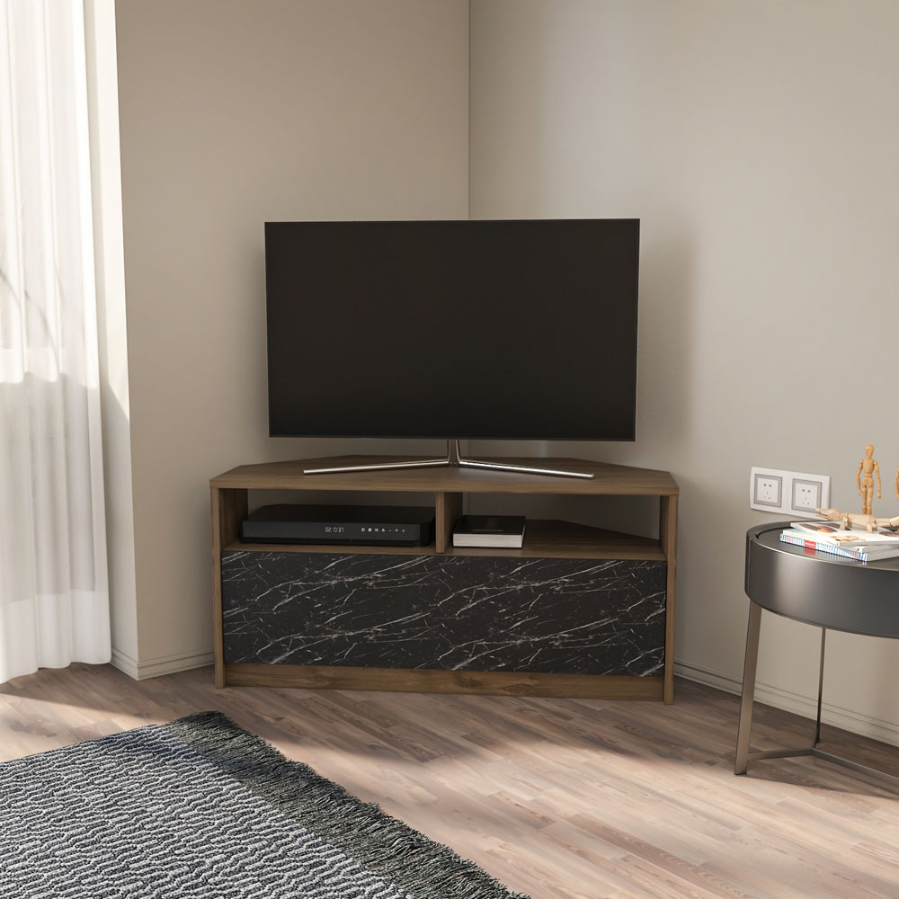 Decorotika Comero 2 Shelf 2 Door White and Black Marble Effect Corner TV Unit Image 7