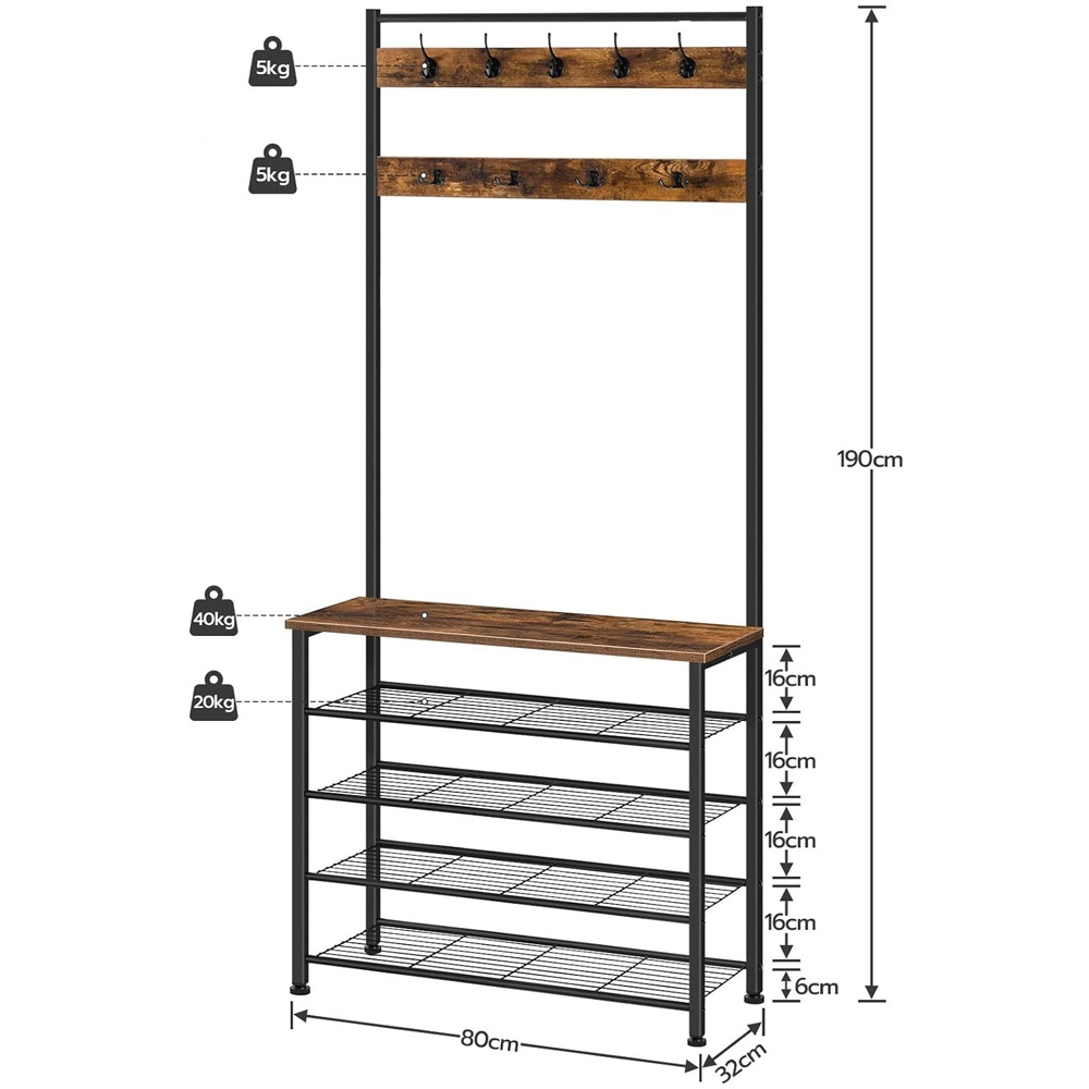 Modcraft 5 Shelf 9 Hooks Rustic Brown Industrial Coat Stand Image 5