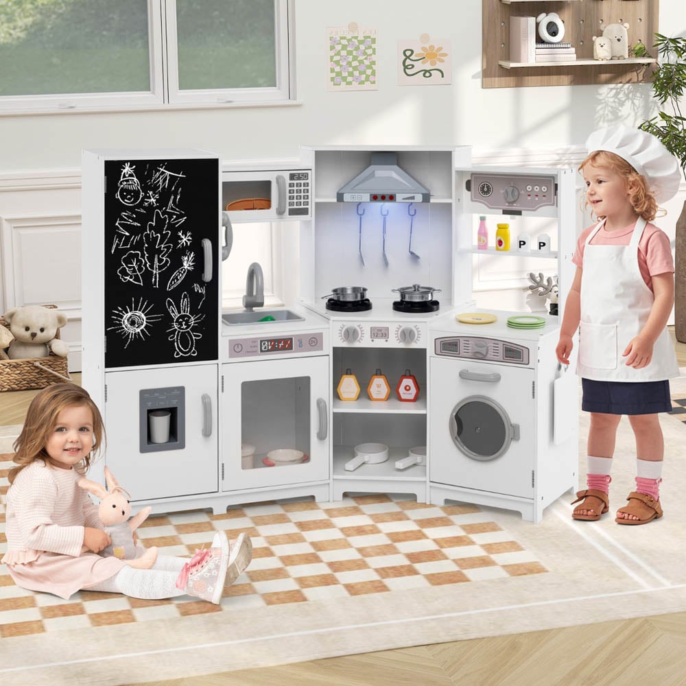Costway Kids White Wooden Corner Kitchen Playset with Lights and Sounds Image 2