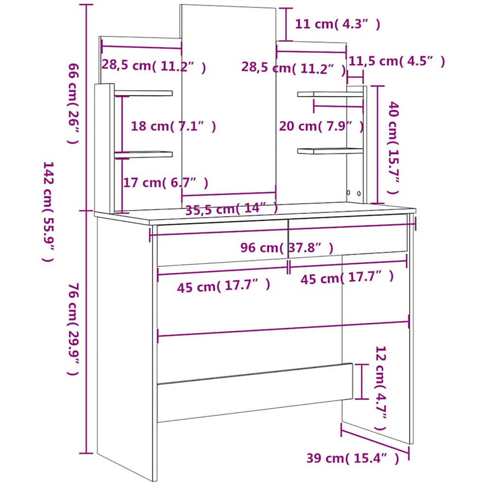 vidaXL 2 Drawer 4 Shelf White Dressing Table with Mirror Image 9