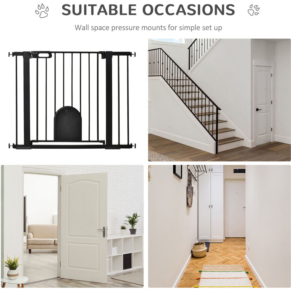 PawHut Black 75-103cm Stair Pressure Fit Pet Safety Gate with Small Cat Flap Image 3