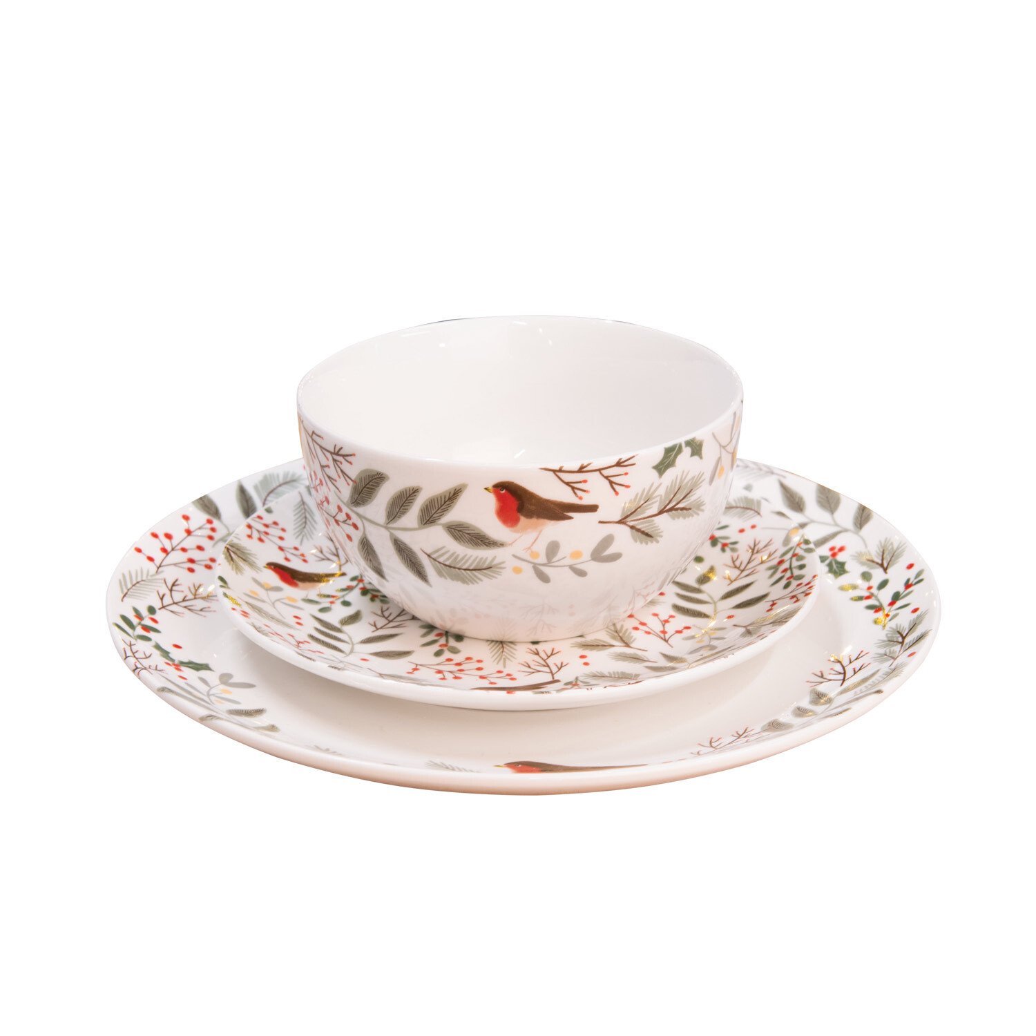 12 Piece Merry Robin Dinnerware Set White Image 1
