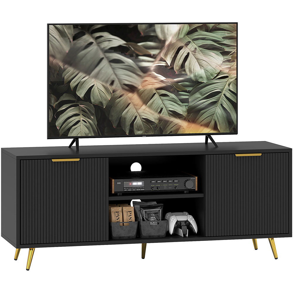 HOMCOM 2 Door 2 Shelf Black TV Stand Cabinet with Storage Image 2