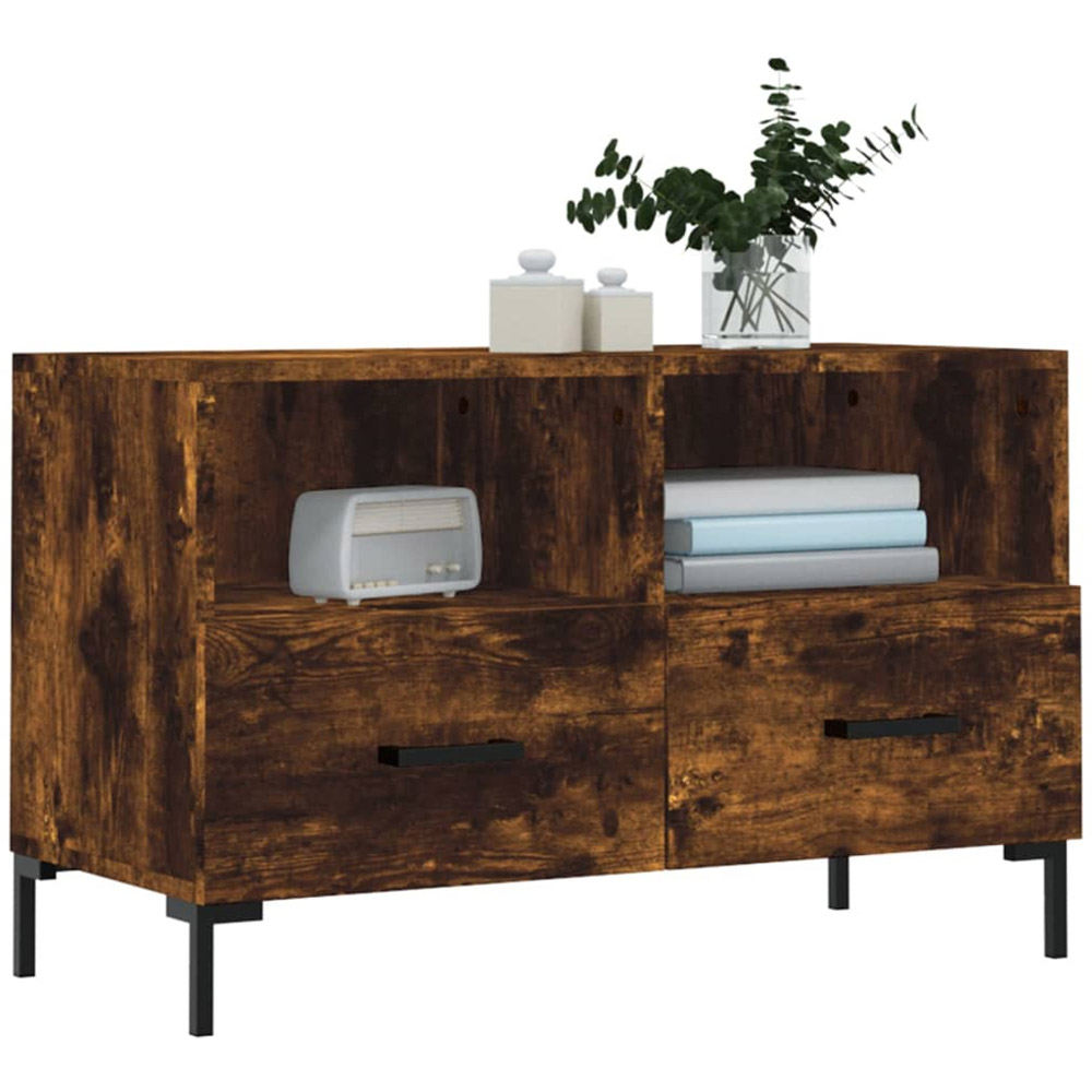 vidaXL 2 Drawer 2 Open Smoked Oak TV Cabinet with Metal Legs Image 3