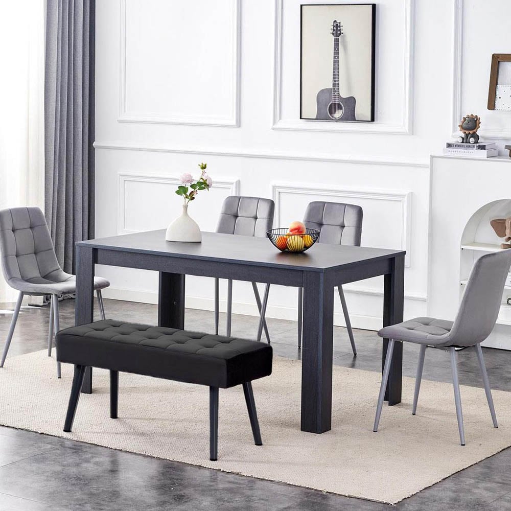 Portland 5 Seater Velvet Wooden Dining Set with Bench Black Image 1