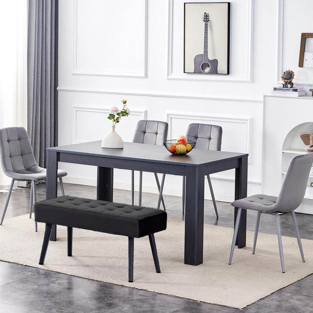 Portland 6 Seater Velvet Dining Set with Bench Grey and Black Image 1