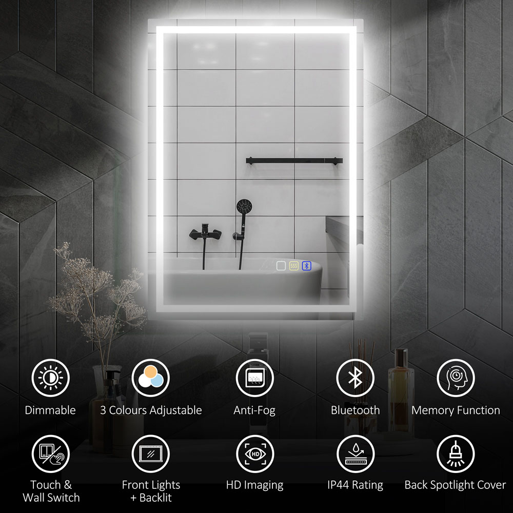HOMCOM Rectangle Bluetooth Frameless LED Bathroom Mirror with Demister Pad 50 x 70cm Image 4