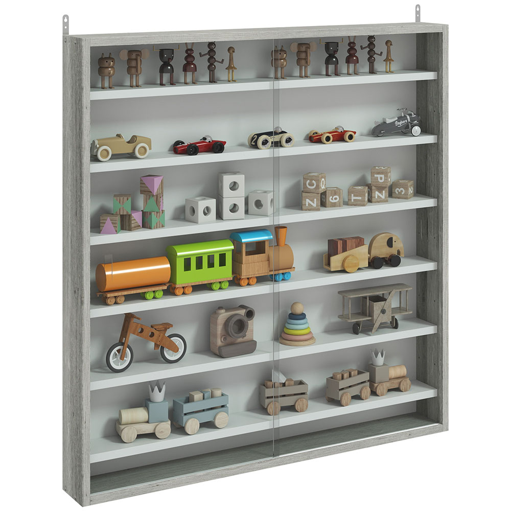 HOMCOM 7-Tier Glass Doors Graphite Wood Effect Wall Display Cabinet Image 2