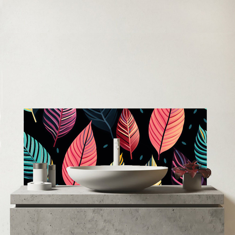 Warren Reed Designer Colourful Leaves Pattern Glass Bathroom Splashback 25 x 60cm Image 1