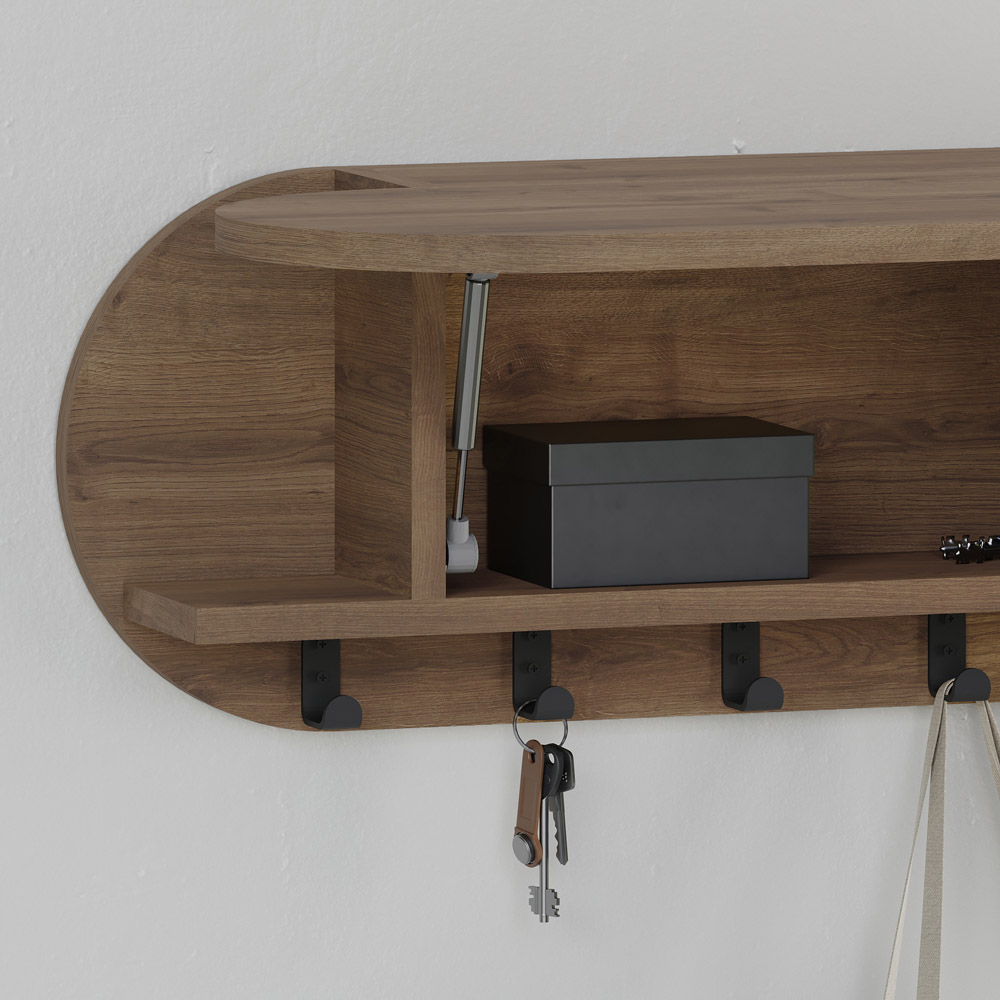 Decortie Kroma 6 Hook Single Door Dark Oak Modern Wall Mounted Coat Hanger with Storage Cabinet Image 3