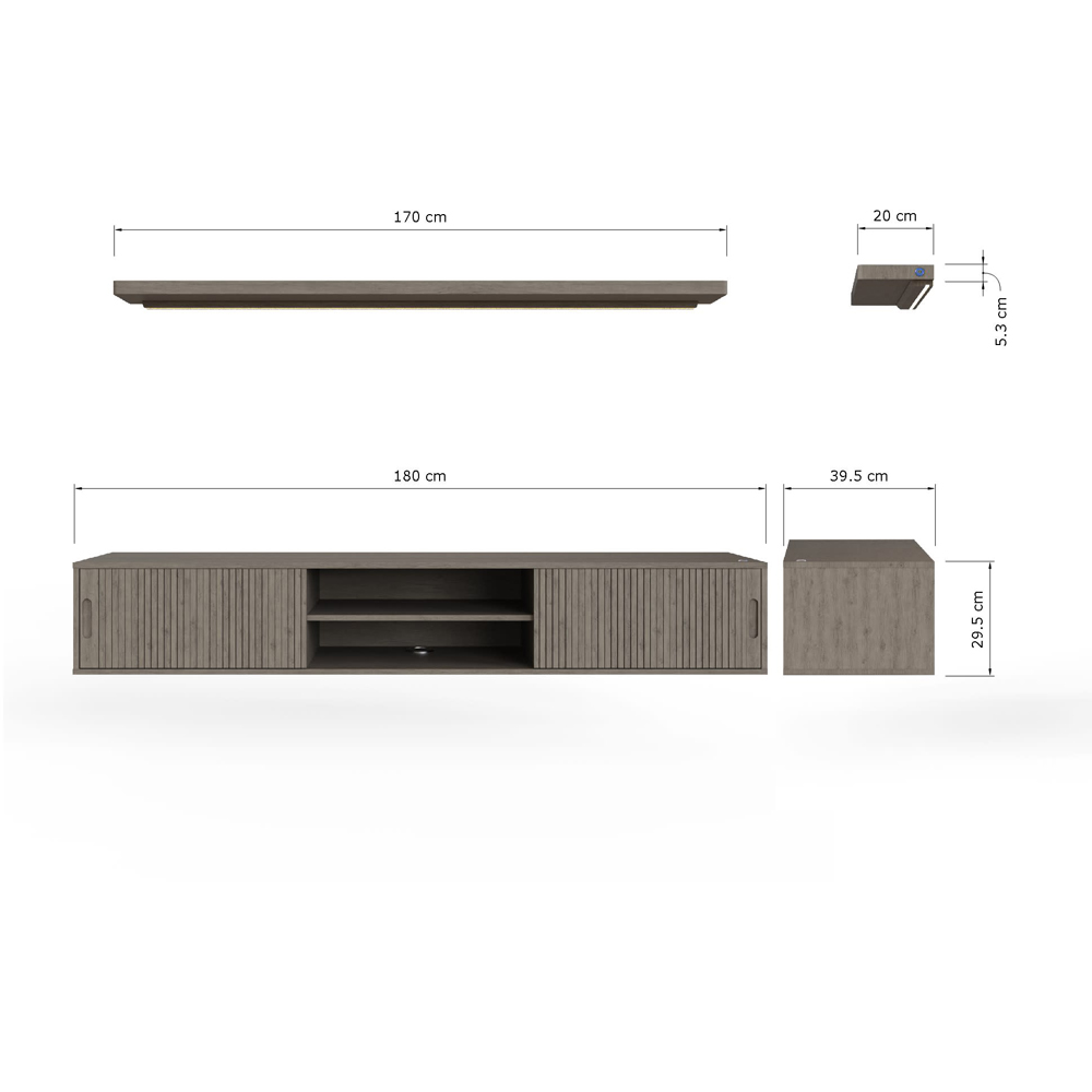 GFW Nina 2 Door 2 Shelf Grey Wall Mounted TV Unit with LED Wall Shelf Image 9