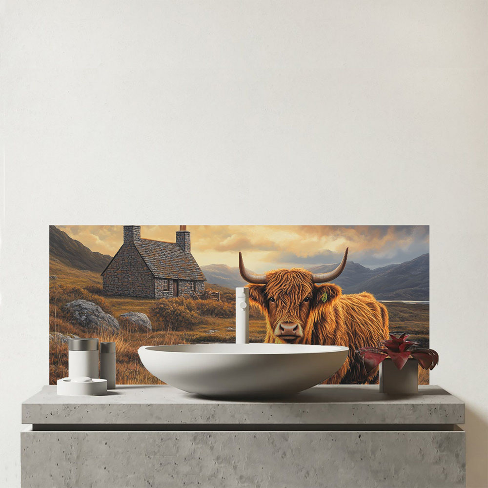 Warren Reed Designer Highland Cow and a Cottage Bathroom Splashback 25 x 60cm Image 1