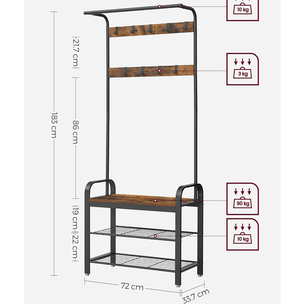 Modcraft 4-in-1 2 Shelf 9 Hooks Industrial Coat Rack with Shoe Bench Image 4