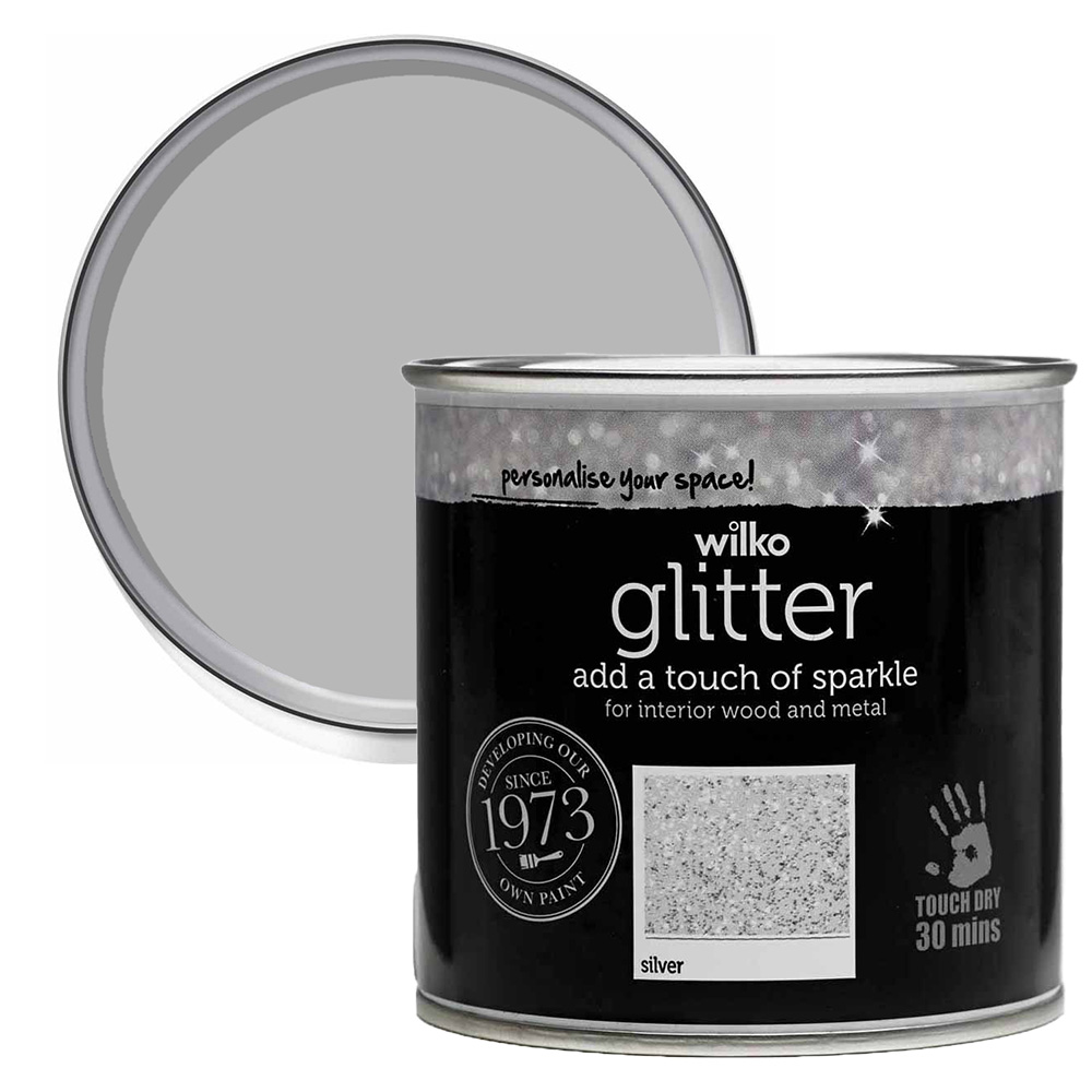 Wilko Glitter Wood and Metal Silver Paint 250ml Image 1