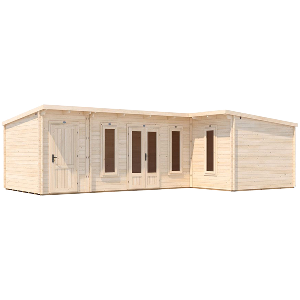 Dunster House HellWolf 26 x 16ft Brown L-Shaped Double Glazed Pent Garden Log Cabin Image 1