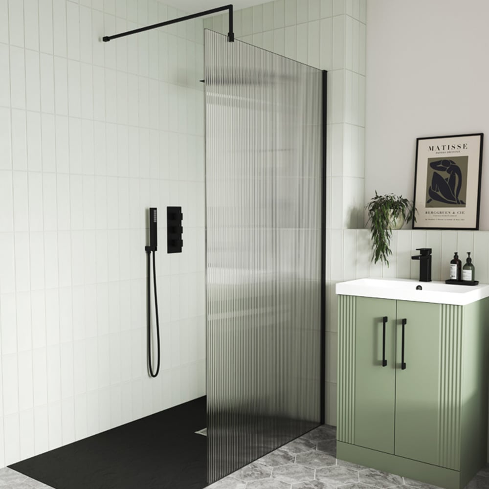 nuie Matt Black Fluted Wetroom Screen with Support Bar 1850 x 1000mm Image 2