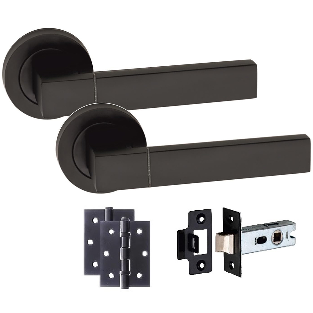 Golden Grace Capri Matt Black Door Handle Pair with Tubular Latch and Hinges 52mm Image 1