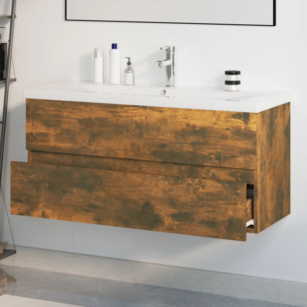 vidaXL 2 Drawer Smoked Oak Washbasin Cabinet with Built-In Sink Image 1
