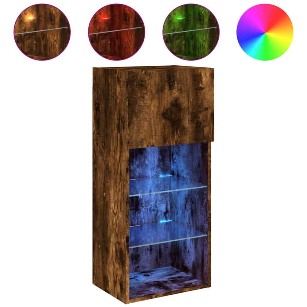 vidaXL Single Door 3 Open Shelf Smoked Oak TV Cabinet with LED Light Set of 2 Image 6