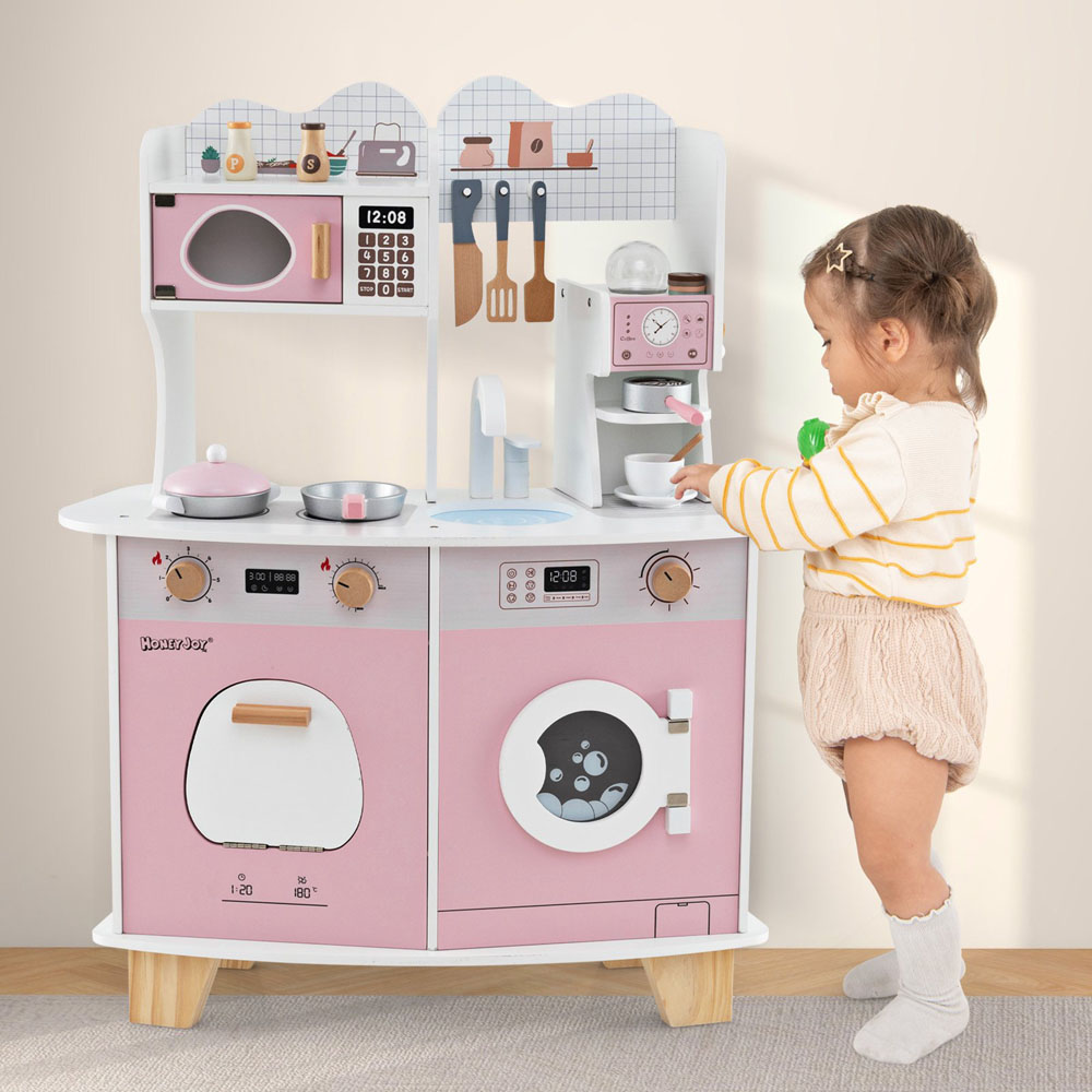 Costway Pink Kids Wooden Kitchen Playset with Coffee Maker Image 2