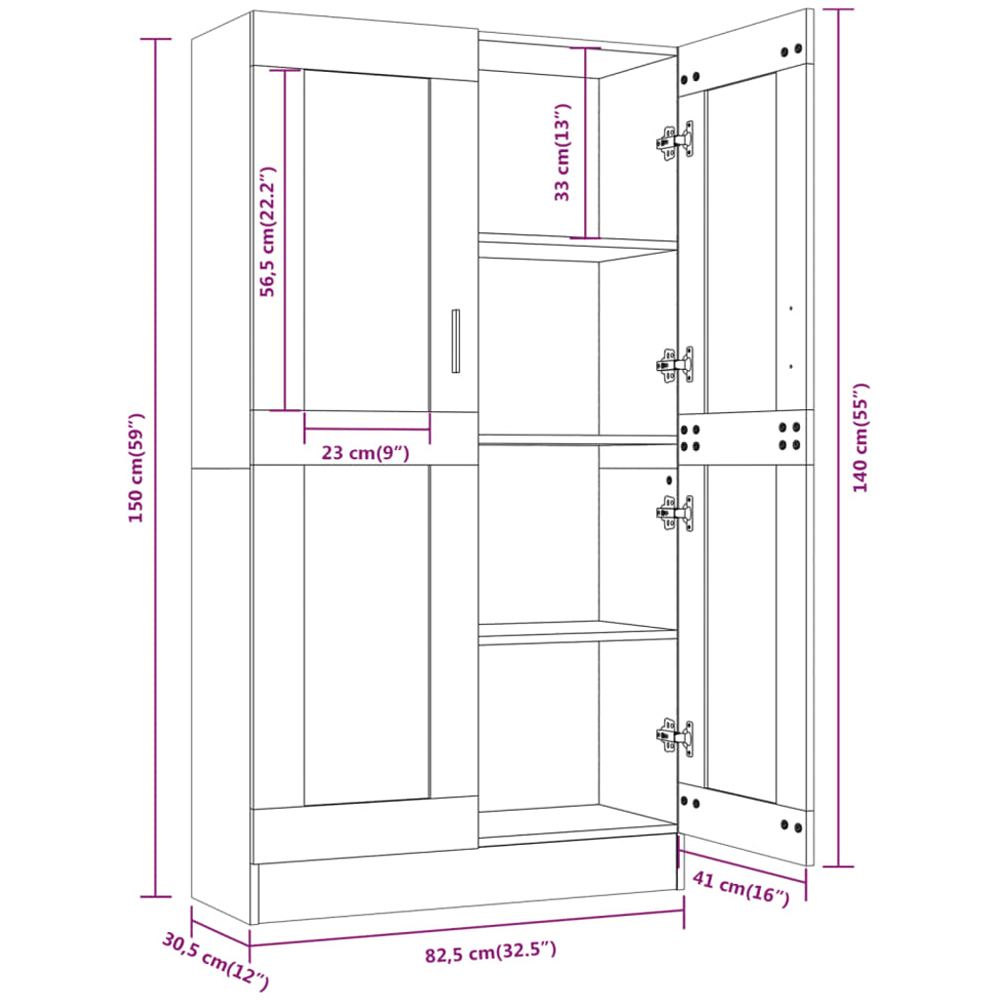 vidaXL 2 Door 4 Shelf Smoked Oak Vitrine Cabinet Image 9