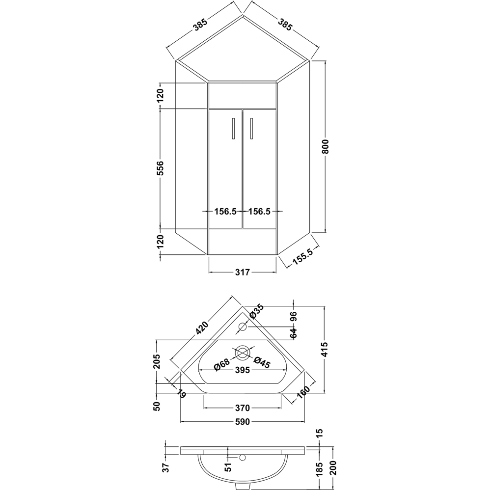 nuie Mayford 2 Door Gloss White Floor Standing Corner Vanity Unit with Ceramic Basin 385mm Image 2