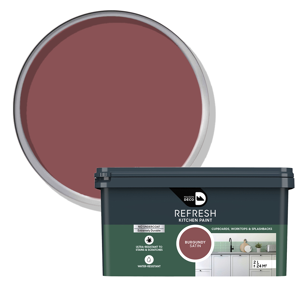 Maison Deco Refresh Kitchen Cupboards and Surfaces Burgundy Satin Paint 2L Image 1