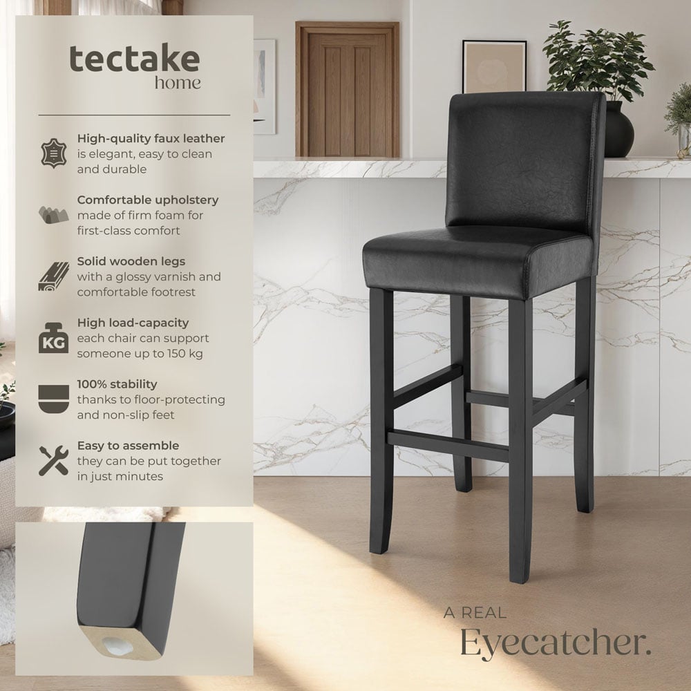 Tectake Black Leather Padded Bar Stool Set of 2 Image 6