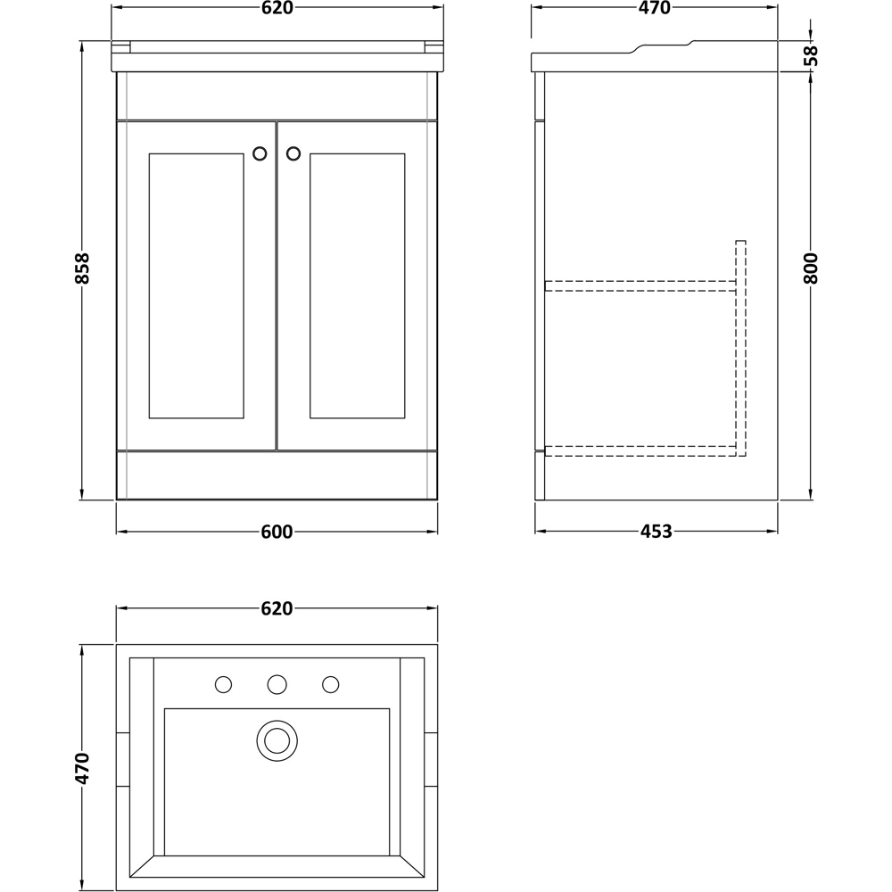 nuie Classique 2 Door Satin White Floor Standing Unit and 3 Tap Hole Fireclay Basin 600mm Image 3