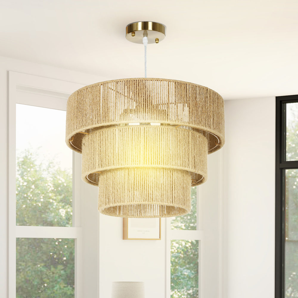 Portland Bohemian 3 Tier Light Brown Hemp Rope Pendant Light Image 3