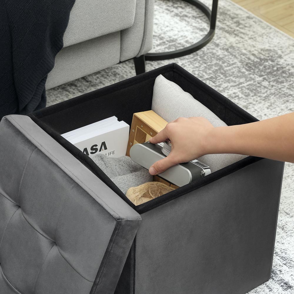 HOMCOM Grey Foldable Velvet Storage Ottoman Seat Image 3