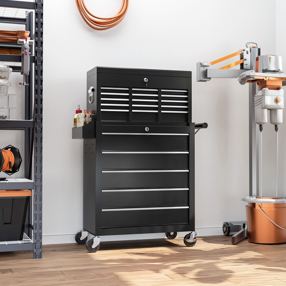 HOMCOM 14 Drawer Black Lockable Roller Cabinet Image 2