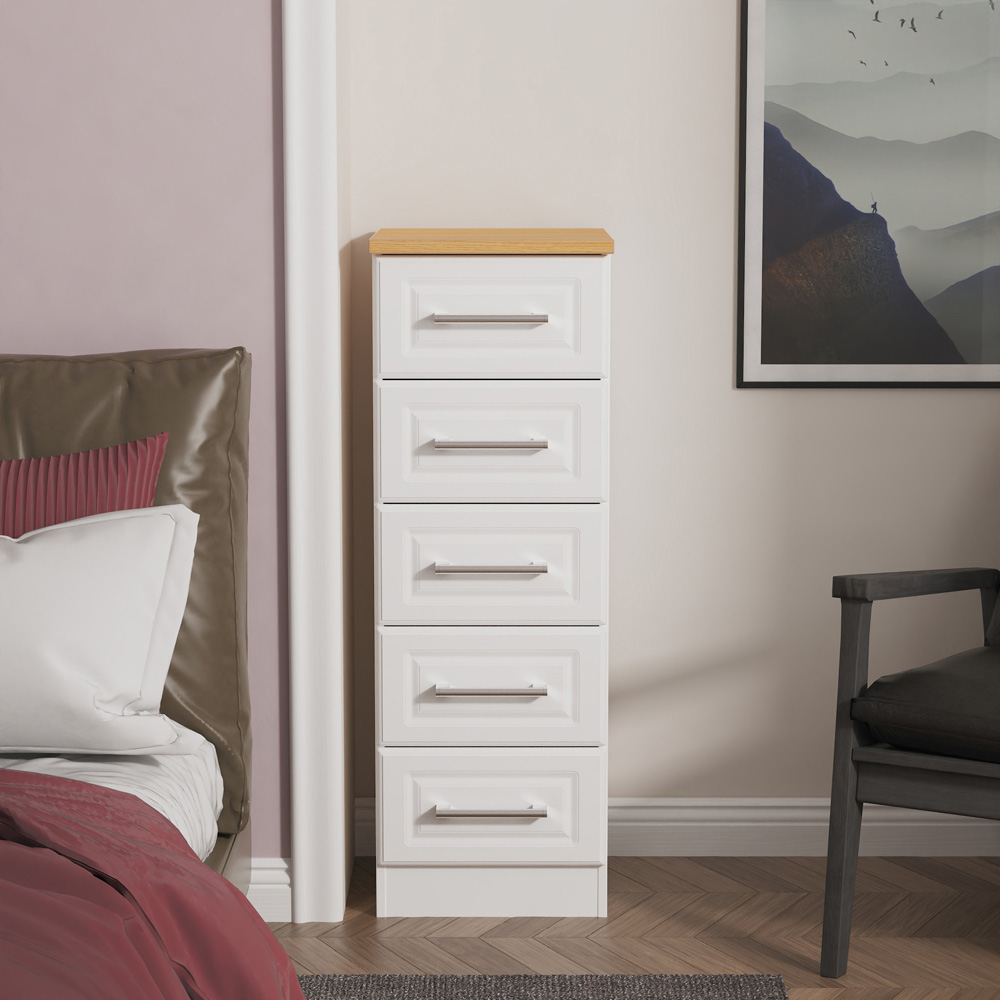 Crowndale Kent 5 Drawer White Ash and Modern Oak Tall Bedside Cabinet Ready Assembled Image 7