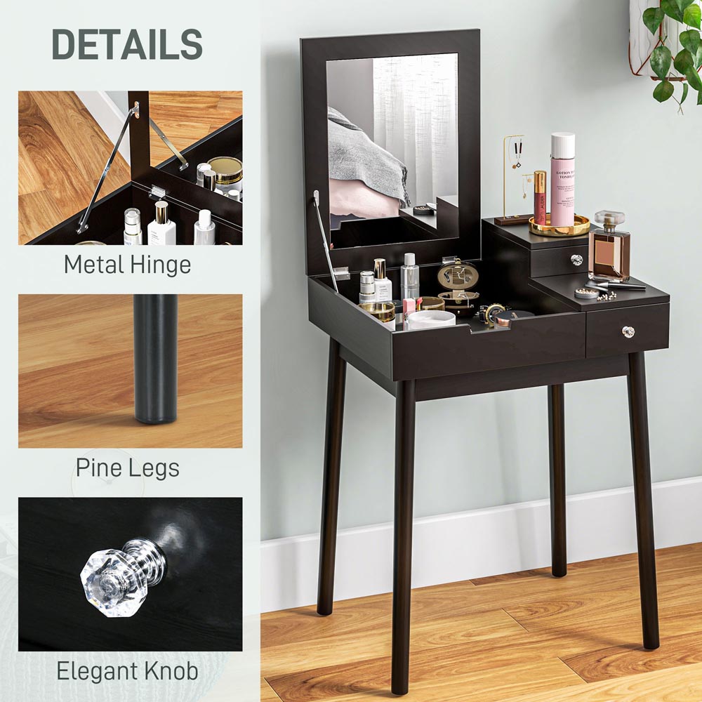 Portland 2 Drawer Black Dressing Table with Flip Up Mirror Image 6