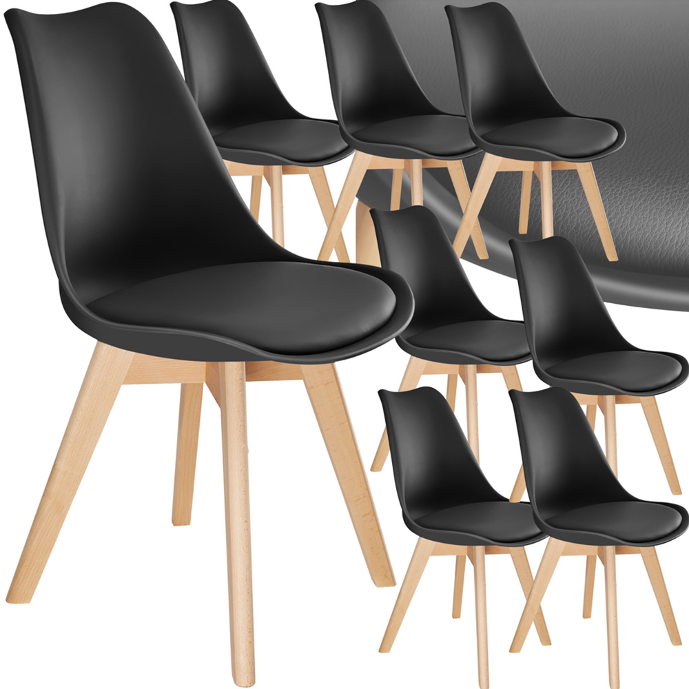 tectake Frederikke Set of 8 Black Padded Dining Chair with Wooden Legs Image 2
